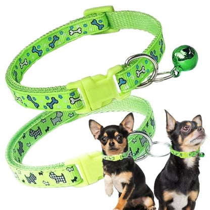 XSmall Dog Collar with Bell, 2 Pack Boys Puppy Collar with Bell, Nylon Cute Cat Collars Adjustable for XXS XS Little Small Male Kitten Dogs, Green - color: Green