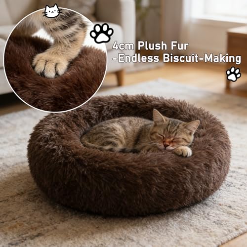 Calming Donut Dog Beds for Small Dogs Cats - Washable Removable Cover Non-Slip Bottom, Round Pet Bed Puppy Bed Warming Fluffy Faux Fur Anti-Anxiety, Fits up to 25 lbs (Coffee, 23") - color: Coffee, size: 23"L x 23"W x 8"Th