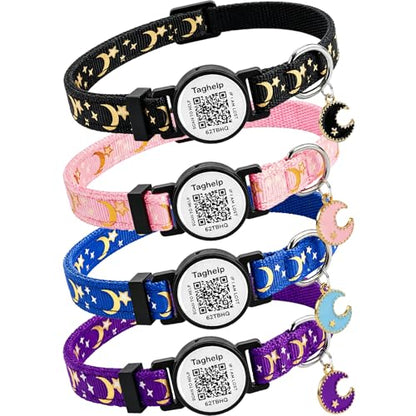 The Ultimate QR Code Pet ID Collar 4-Pack | Breakaway Adjustable Cat Collars with Secure Online Profile | Never Lose Your Cat with Cute Moon & Stars Design (Star & Moons - 4 Pack) - color: Star & Moons - 4 Pack