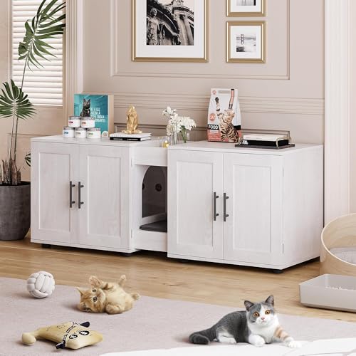 Garvee Cat Litter Box Enclosure for 2 Cats, 55" Hiddden Litter Box Enclosure Furniture 3-in-1 Wooden Litter Cabinet with Barn Door & Double Rooms for Bedroom Living Room,White - color: White