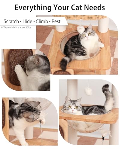 Wood Cat Tree for Large Cats, Modern Cat Tree Tower with Wide Shelves Cotton Scratching Posts, Super Sturdy Base, Cozy Perches, and Interactive Toys for Indoor Kittens 31-Inch - color: Nature S81