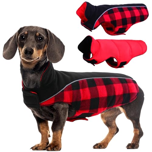 Kuoser Dog Winter Coat, Reversible Waterproof Dog Jacket with Reflective Strip, Warm Dogs Fleece Vest Adjustable Doggy Cold Weather Clothes Plaid Christmas Outfit Pet Apparel for Small Dogs, Red S - color: Red, size: Small (Chest Girth: 13.8-17.3'' )