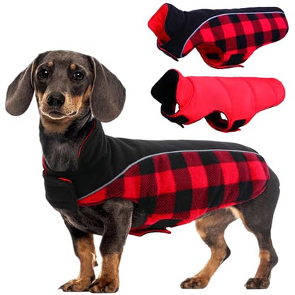 Kuoser Dog Winter Coat, Reversible Waterproof Dog Jacket with Reflective Strip, Warm Dogs Fleece Vest Adjustable Doggy Cold Weather Clothes Plaid Christmas Outfit Pet Apparel for Small Dogs, Red S - color: Red, size: Small (Chest Girth: 13.8-17.3'' )