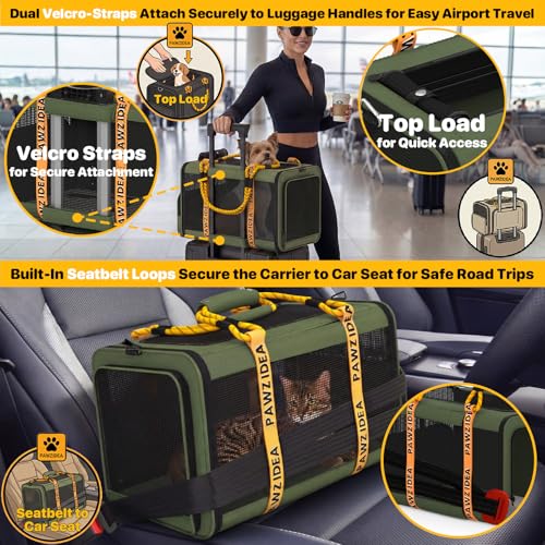 PAWZIDEA Expandable Pet Carrier with Wheels, 18"x11"x11" TSA Airline Approved Cat Carrier for 2 Cats Under Seat, Collapsible Soft-Sided Small Dog Rolling Travel Bag with Telescopic Handle, Up to 18lbs - color: Dark Green-Wheels
