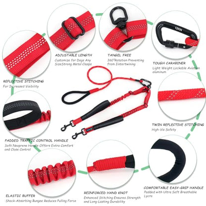 Double Dog Leash No Tangle – Dual Dog Leash for 2 Dogs with Shock Absorbing Bungee, 360° Swivel, Reflective Safety, Heavy Duty for Medium & Large Dogs (Carnation Red) - color: Carnation Red
