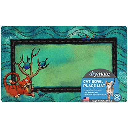 Drymate Cat Bowl Placemat, Pet Food Feeding Mat - Absorbent Fabric, Waterproof Backing, Slip-Resistant - Machine Washable/Durable (USA Made) (12” x 20”) (Tree Kitty) - color: Tree Kitty, size: Small (12" x 20")