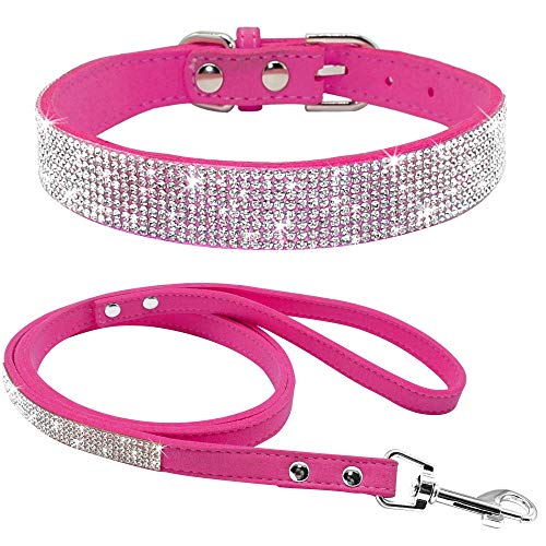 Rhinestone Bling Leather Dog Collar and Leash Set, Cute Dazzling Sparkling Soft Velvet Dog Cat Collar Crystal Diamond Puppy Collar (XXS, Hot Pink1) - color: Hot Pink1, size: XXS