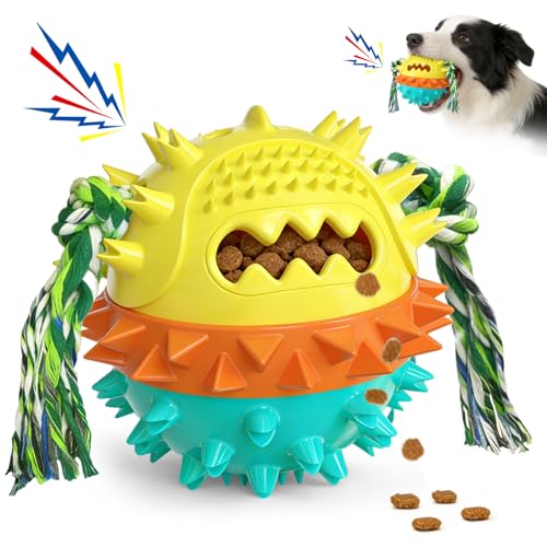 Dog Chew Toys Floating 4" Squeaky Ball for Aggressive Chewers Toothbrush Teething Cleaning Toys Outdoor Swimming Interactive Tough Toys with Treat Dispenser Ball for Medium and Large Dogs - color: Yellow & Blue