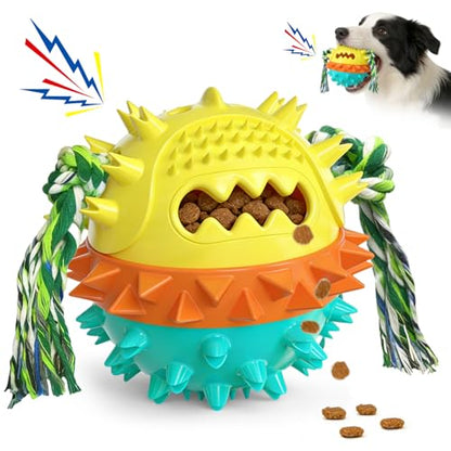 Dog Chew Toys Floating 4" Squeaky Ball for Aggressive Chewers Toothbrush Teething Cleaning Toys Outdoor Swimming Interactive Tough Toys with Treat Dispenser Ball for Medium and Large Dogs - color: Yellow & Blue