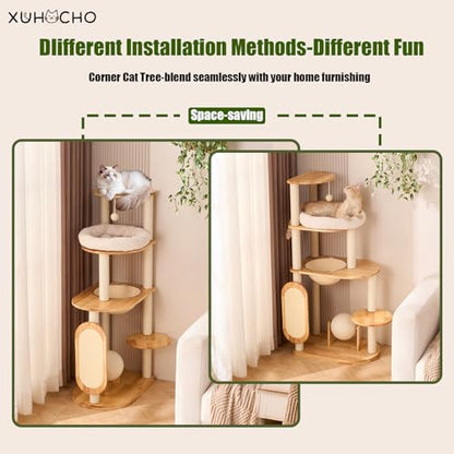Modern Cat Tree with Scratching Post, Solid Rubber Wood Cat Tree Tower for Indoor Cats with Cotton Nest, Space Capsule, Cat Scratching Ball and Board