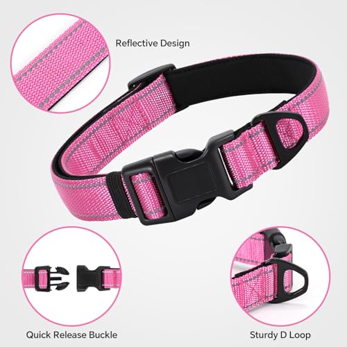 Reflective Dog Collar with Quick Release Buckle - Metal Ring - Adjustable Soft Neoprene Padded Basic Dog Collar for Small Medium Large Dogs (Hotpink, Medium :Width 1",Neck 13.8-19.6") - color: Hotpink, size: Medium