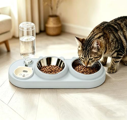 3 in 1 Cat Bowl, Cat Food and Water Bowl Set with Water Dispenser and Stainless Steel Bowls, 15° Tilted Pet Raised Three Bowls for Indoor Cats, Small or Medium Sized Dogs