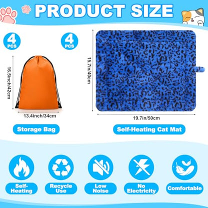 Riakrum 4 Pack Self Warming Cat Bed Mats Leopard Print Cat Dog Thermal Blanket Double Sided Self Heating Pet Pad with Storage Bags for Pet Winter Outdoor Indoor Supplies, Non Electric(Small) - size: Small
