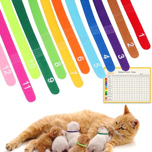 Newborn Puppy Collar Set of 12 with Numbered Tags & Weight Tracker Chart, Soft Adjustable Kitten Collar, Puppy Collars for Litter, Whelping Supplies for Kitten Small Dogs (S/M/L) (S) - size: S