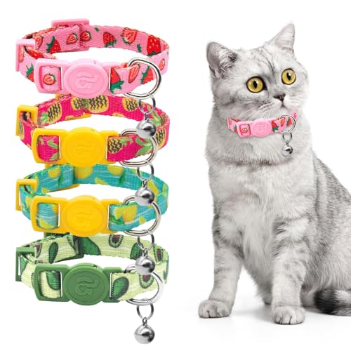 4 Pack Cat Kitten Collar Breakaway with Bell Quick Release Safe Buckle Adjustable Cat Kitten Collar - color: 2#Fruit, size: Cat(Neck:8"-12")