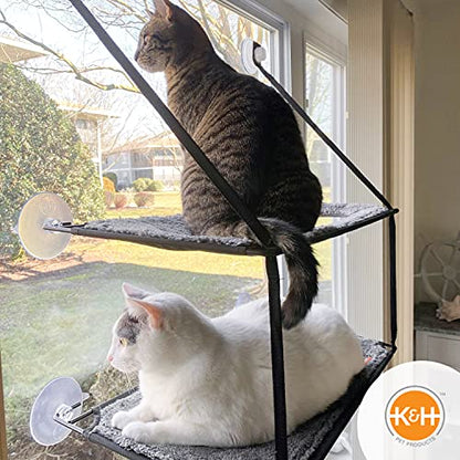 K&H Pet Products EZ Mount Double Stack Cat Window Perch for Large Cats, Sturdy Window Hammock Bed, Steel Frame, Sturdy Suction Cups, 2 Washable Shelf Covers, Foldable - Fits 27"W X 31"H Glass Spaces - style: Double Stack