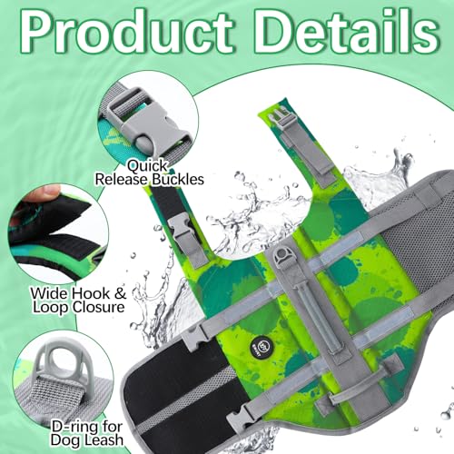 EMUST Dog Life Vests, Adjustable Dog Life Jacket with Rescue Handle, Dogs Flotation Vest for Small/Medium/Large Dogs, XS, MultiGreen - color: MultiGreen, size: XS