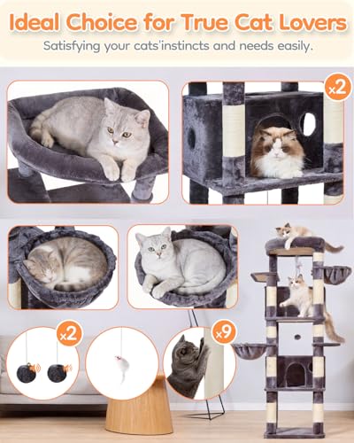 Taoqimiao Heavy Duty Cat Tree, 73in Cat Tower for Indoor Cats 25 lbs+, Extra Large Cat Tree, 2 Widen Condos, Enlarged Sleeping Platform, 9 Scratching Posts, 2 Cozy Baskets, Cat Toys, F30G Smoky Gray - color: Smoke Gray