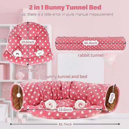 BWOGUE Bunny Tunnel Bed, 2-in-1 Collapsible Tunnel Tubes Toys with Removable Mat Hideout for Cats Kittens Rabbits Guinea Pigs Kitty - color: Pink