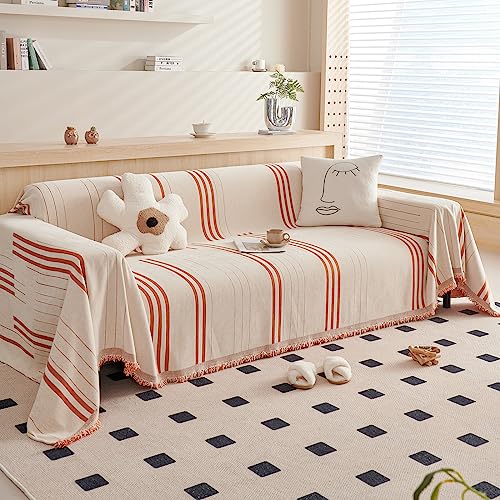 Couch Cover Reversible Chenille Furniture Protector Sofa Covers for Pets Kids Beige Orange Couch Cover for 2 Cushion Couch Sofa Vertical Stripe Jacquard Sofa Slipcover Sectional, 71"x118" - color: A0# Beige/Orange - Striped, size: Large 71" x 118"