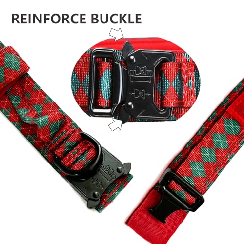 Christmas Tactical Dog Collar Adjustable Nylon Dog Collar Metal Buckle with Handle for Dog Training (Christmas Green,S) - color: Christmas grid, size: Small (Pack of 1)