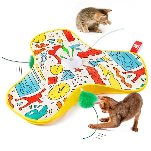 Potaroma Interactive Cat Feather Toys, Hide and Seek Concealed Moving Feather Wand, Rechargeable Touch Activated Indoor Kitten Exercise Kicker, Mouse Squeaky, Graffiti Cover - color: Graffiti Cover
