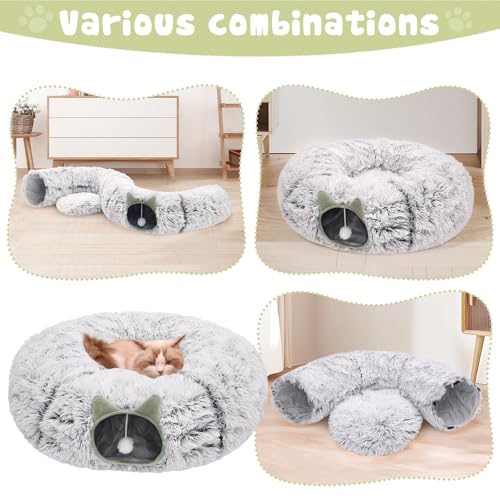 Cat Tunnel Bed for Indoor Cats, Soft Plush Donut Peekaboo Cat Cave, Multifunctional Playground Toy for Small Medium Large Cats, Kittens, Rabbits, Ferrets, with Washable Cushion(Grey) - color: Grey