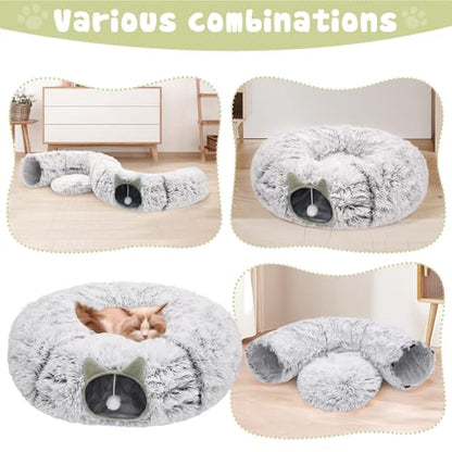 Cat Tunnel Bed for Indoor Cats, Soft Plush Donut Peekaboo Cat Cave, Multifunctional Playground Toy for Small Medium Large Cats, Kittens, Rabbits, Ferrets, with Washable Cushion(Grey) - color: Grey