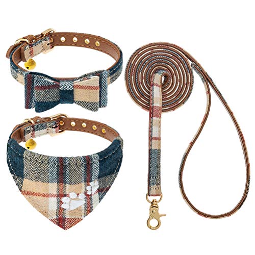EXPAWLORER Puppy Collar and Leash Set - Plaid Dog Collar and Leash with Bow Tie and Bandana, Bell, Khaki - color: Khaki, size: Small