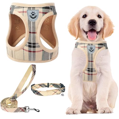 PUPTECK Adjustable Dog Harness Collar and Leash Set Step in No Pull Pet Harness for Small Medium Dogs Puppy and Cats Outdoor Walking Running, Soft Mesh Padded Reflective Vest Harnesses, Beige XS - color: Beige, size: XS (CHEST 13"-14.5")