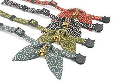 Bunny Ears Cat Collar, Japan Lucky ‘開三運’ Charm. Safety Breakaway Bowtie Kitten Collar with Bell, Green - color: Green