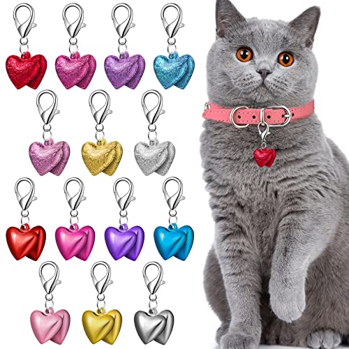 Kajaia 14 Set Pet Bells for Dog Cat Heart Cat Collar Charm Pet Pendant Accessories Colorful for Kittens Dogs with Stainless Steel Keychain Small Animal Gifts, 7 Colors, Glossy and Matte