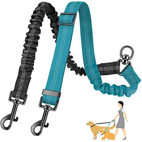 AUTOWT Two Dog Lead, 2 in 1 Upgraded Double Dog Leash Attachment Combine Adjustable Strap and Shock Absorbing Bungee No Tangle Dual Training Splitter for Different Size Dogs - color: Blue - Medium
