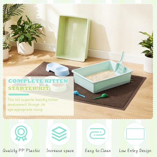 9 Pcs Kitten Litter Box Starter Kit, 2 Plastic Small Cat Litter Box with 2 Scooper, 2 Double Dish Feeding Bowl 2 Mouse Toy and Large Mat for Kitten Indoor