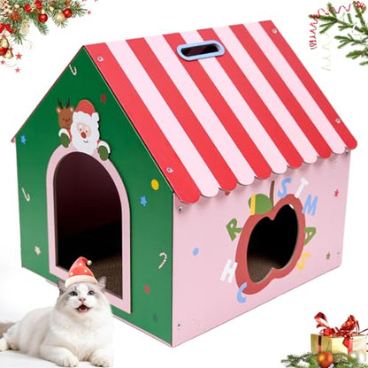 WUGO Cute Cat Scratcher House Cardboard Cat House with 2pcs Scratching Pad 16.5"x16"x17" Reversible Cute Cat House Decorations Scratcher for Kitty Play House for Indoor Cats’ Birthday Cats Red