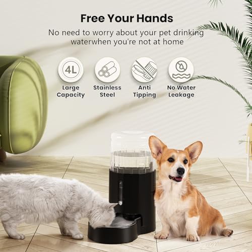 CZPET Dog Water Bowl Dispenser 4L, Wider Mouth & Upgraded Brush for Easy Cleaning Automatic Cat Gravity Refilling Waterer with Removable Stainless Steel Bowl, Large Drinking Area for Multi-Pet (Black) - color: Black