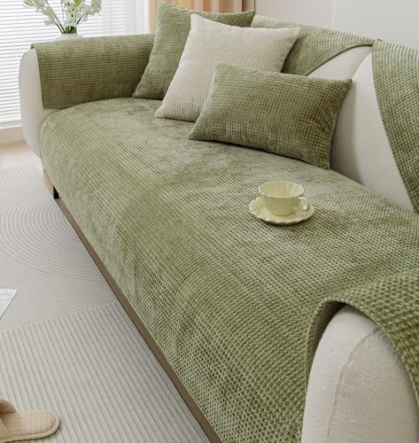vctops Farmhouse Plaid Chenille Couch Sofa Cover Super Soft Plush Sectional Couch Covers Anti-Slip Solid Sofa Slipcover for Dogs, Children, Pets Furniture Protector (Green,28"x70") - color: Green, size: 1pc/28"x70"/Rectangular