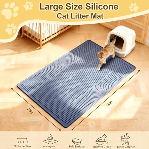 Cat Litter Mat Extra Large 40"x28" Silicone Waterproof Litter Trapping Mat for Litter Box, Non-Slip Urine-Proof Kitty Litter Box Mat with Deep Grooves, Easy Clean Scatter Control Pet Mat (Gray) - size: 40X28IN Cat Litter Mat