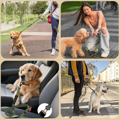Heavy Duty Tactical Dog Leash, 4-6FT Shock Absorbing Bungee Lead with 2 Padded Handles, Metal Carabiner & Seatbelt Clip, Reflective No-Pull Leash for Medium/Large Dogs (ArmyGreen) - color: ArmyGreen