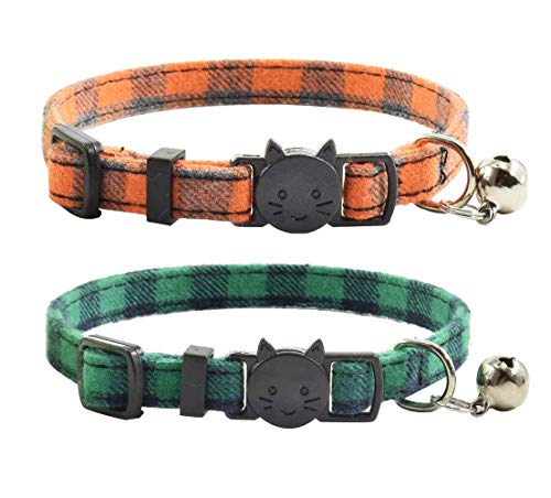 Cat Collar Breakaway with Bell, Cute Plaid Patterns Design Adjustable Kitty Safety Collars 2 Pack Pet Collar for Cats(7-11inches, Green+Orange) - color: Green+Orange