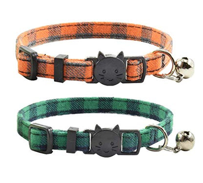 Cat Collar Breakaway with Bell, Cute Plaid Patterns Design Adjustable Kitty Safety Collars 2 Pack Pet Collar for Cats(7-11inches, Green+Orange) - color: Green+Orange