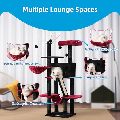 Hey-brother Gothic Cat Tree, 53 inch Cat Tower for Indoor Cats, Cat House with Padded Platform Bed, Toy Balls, Large Cozy Condo, Hammocks and Sisal Scratching Posts, Black and Red MPJ019SBR - color: Black and Red