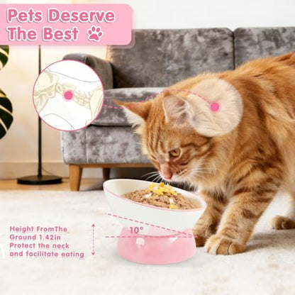 Cat Food Bowl, Ceramic Cat Bowls, Anti Whisker Fatigue Cats Bowl Set,Shallow Wide Kitten Plates for Food and Water (Pale Pink Xie) - color: Pale Pink Xie