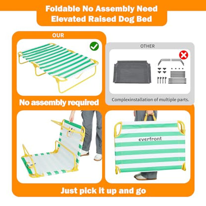 everfront Dog Elevated Bed Foldable Portable Raised Bed Camping cot Outdoor Summer Dog Bed (Medium, GreenStripes-Oxford Fabric) - size: Medium-42"x24"x8"