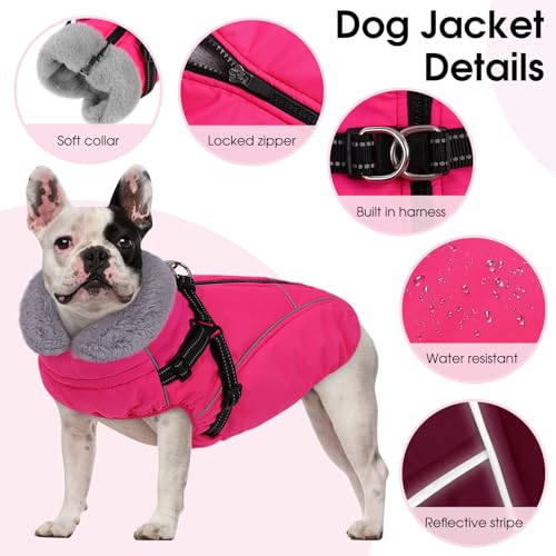 XL Dog Winter Coat with Harness Built in, Dog Puffer Jacket for Large Dogs, Pet Warm Winter Vest, Rose XL - color: Rose, size: X-Large