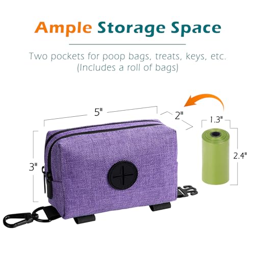Dog Poop Bag Holder, Portable Pet Waste Bag Dispenser, 2 Pouches for Treats and Walking Accessories, Fit All Leashes, Includes 1 Roll of Dog Poop Bags (Purple) - color: Purple