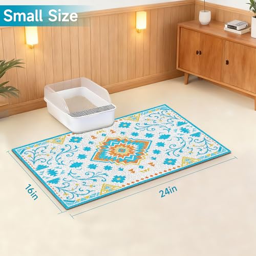 Cat Litter Mat, 24" x 16" Litter Box mat, Traps 100% Litter, Non-Slip Kitty Litter Trapping mats, Small Cute Litter mat, Easy Clean for Scatter Control, Bohe cat Food mat, Urine Waterproof - color: Blue Planet, size: Small（24"x16"）