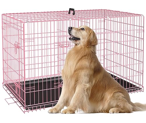 Heavy Duty Large Dog Crate, 48 Inch Dog Crates for Large Dogs, Metal Wire Folding Dog Cage with Removable Trays, Locks, Double-Door, Divider Panel, Handle, XXL Dog Crate Pet Crate (48 in, Pink) - color: Pink, size: 48.0"L x 30.0"W x 33.0"H