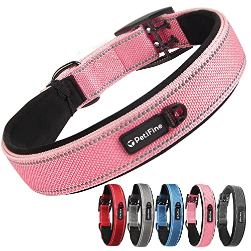 Dog Collar for Large Dogs, Neoprene Padded and Adjustable, Reflective Wide Heavy Duty Pet Collars with Durable Metal Belt Buckle for Walking, Pink, XL - color: Pink, size: X-Large (23"-27")