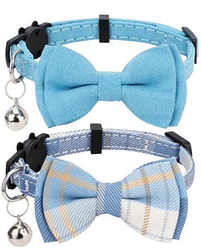 Cat Collar Breakaway Bowtie Safety with Bell Adjustbale Kitten Puppy Solid Plaid Color Set J-[2pcs] Blue - color: J-[2pcs] Blue